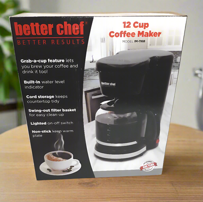 Better Chef Basic Coffee Maker 12-Cup, Sneak a Cup, Brushed Metal Trim, Hidden Cord Storage, Automatic Shutoff