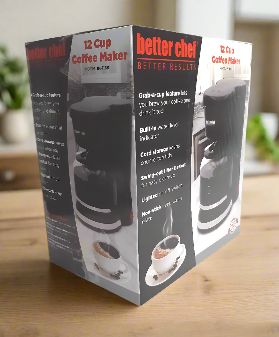 Better Chef Basic Coffee Maker 12-Cup, Sneak a Cup, Brushed Metal Trim, Hidden Cord Storage, Automatic Shutoff