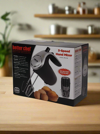 Better Chef Electric 5-Speed Hand Mixer, Stainless Beaters & Hooks, Extra Attachment Holder, Various Colors