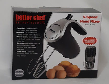 Better Chef Electric 5-Speed Hand Mixer, Stainless Beaters & Hooks, Extra Attachment Holder, Various Colors