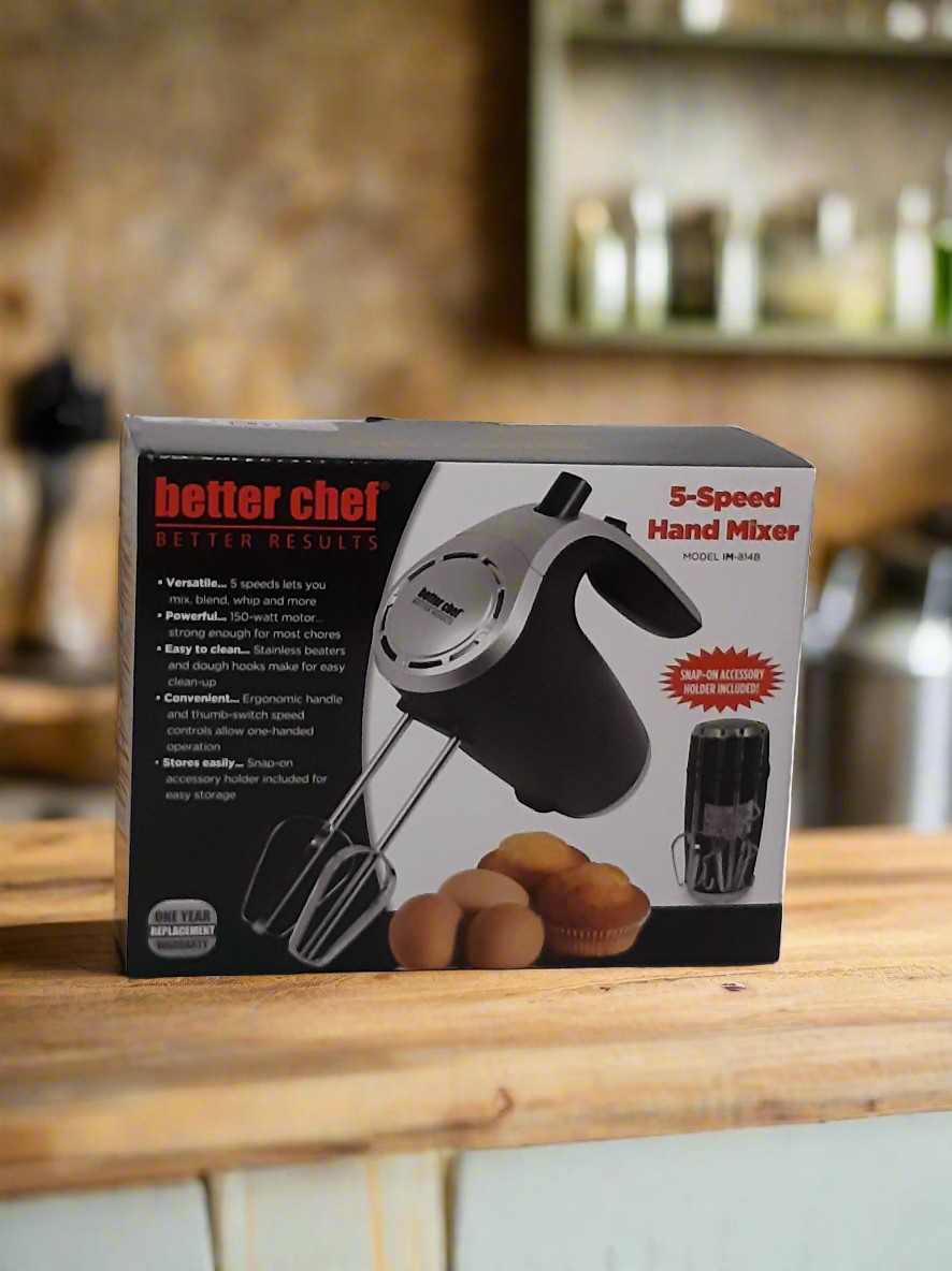 Better Chef Electric 5-Speed Hand Mixer, Stainless Beaters & Hooks, Extra Attachment Holder, Various Colors