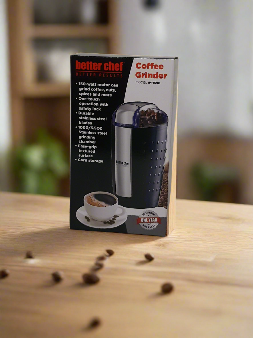 Better Chef Coffee Grinder, Stainless Blade and Chamber, One Touch Operation, Easy Grip Surface, Various Colors