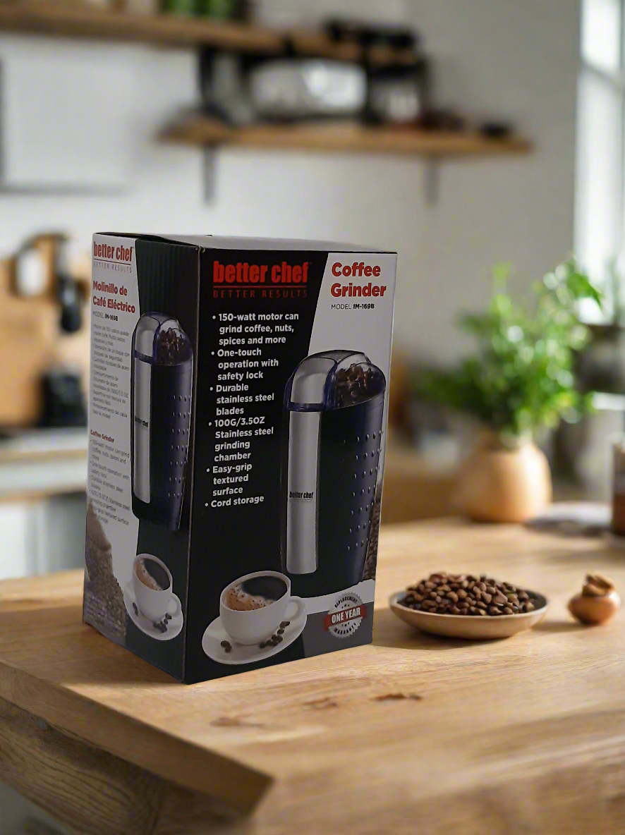 Better Chef Coffee Grinder, Stainless Blade and Chamber, One Touch Operation, Easy Grip Surface, Various Colors