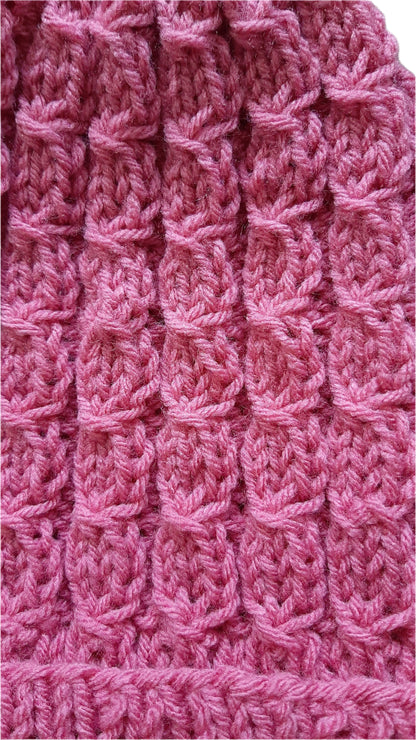 Handmade Knitted Slouchy Hat with Twists Design, Bubblegum Pink