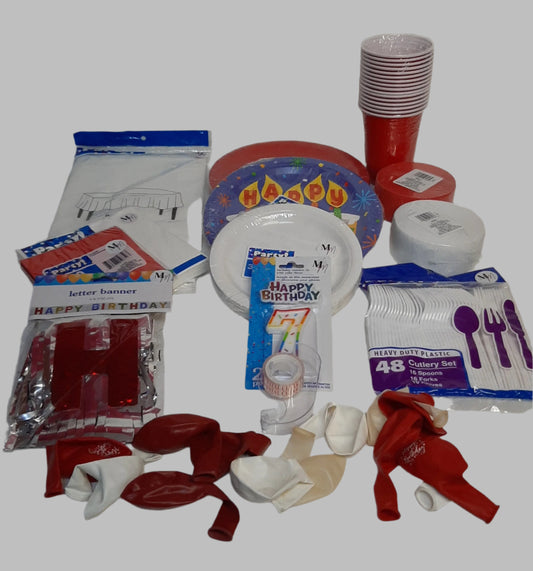 Red & White Birthday Party Set for 16 – Disposable Plates, Napkins, Cups & Decorations