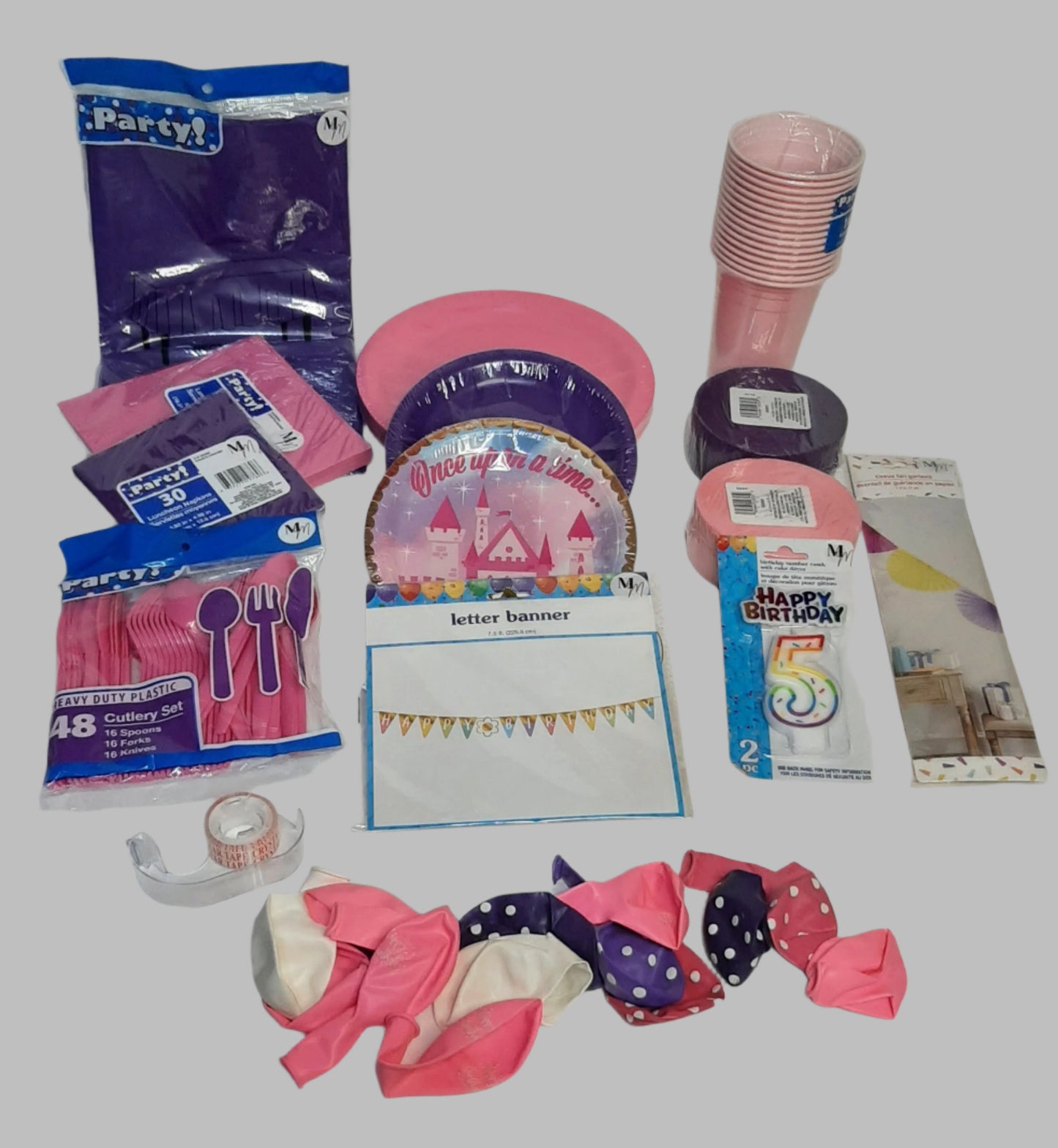 Pink & Purple Princess Birthday Party Set for 16 – Disposable Plates, Napkins, Cups & Decorations