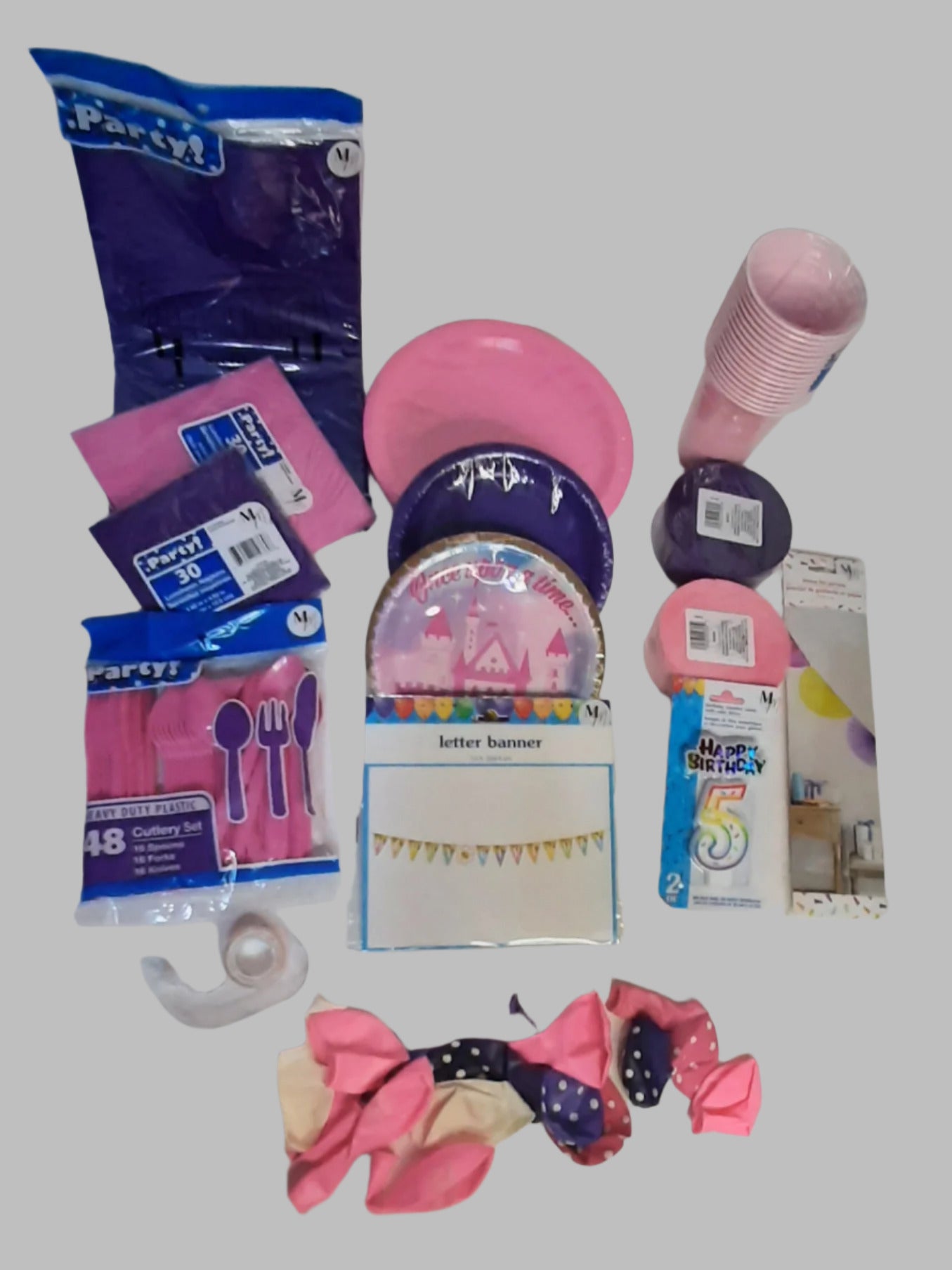 Pink & Purple Princess Birthday Party Set for 16 – Disposable Plates, Napkins, Cups & Decorations