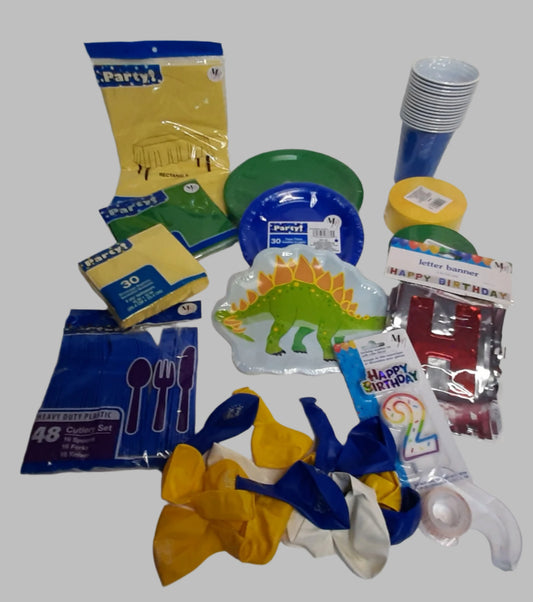 Dinosaur Party Set for 16 – Blue, Yellow & Green Theme with Disposable Plates, Napkins, Cups & Decorations