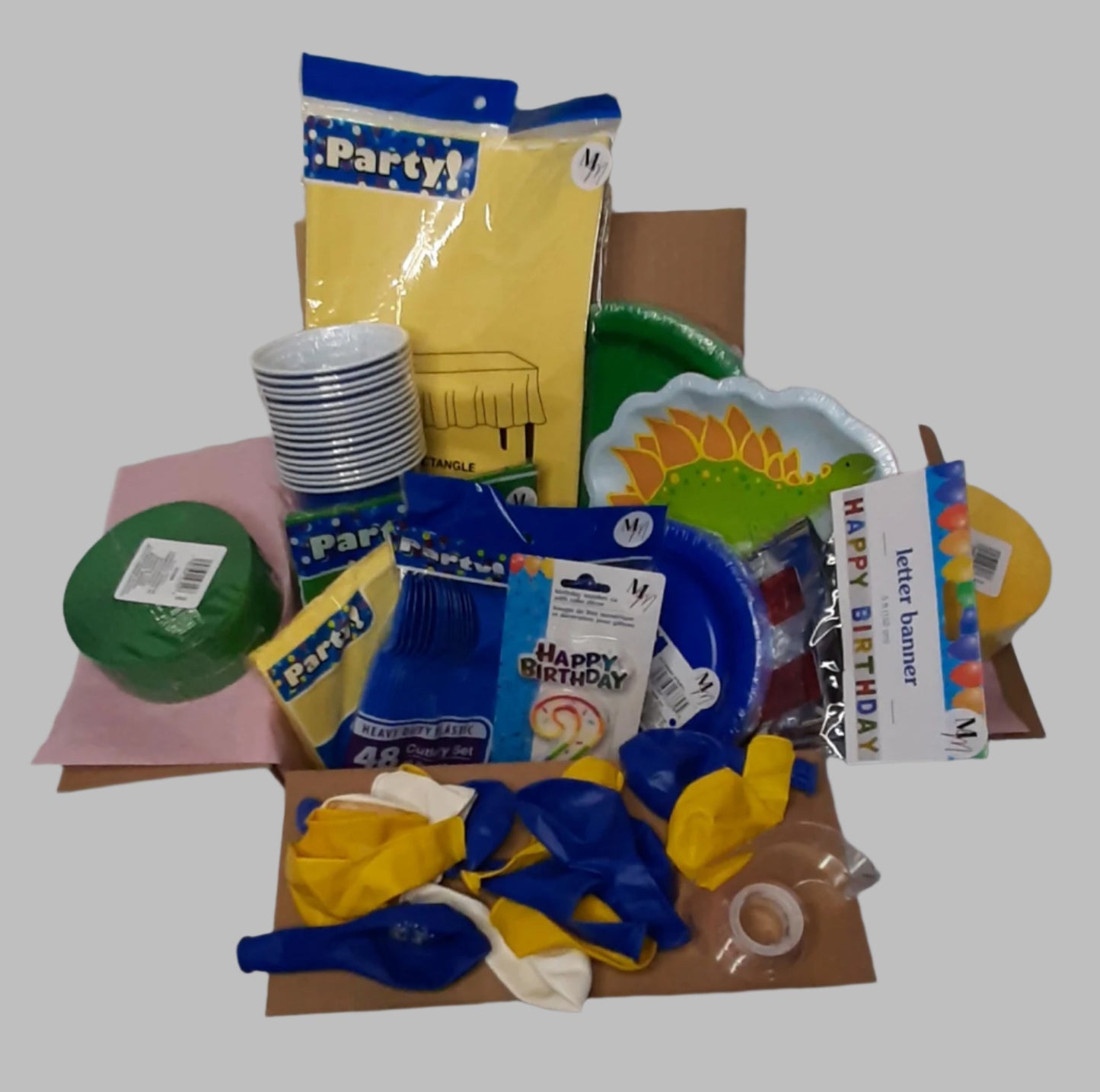 Dinosaur Party Set for 16 – Blue, Yellow & Green Theme with Disposable Plates, Napkins, Cups & Decorations