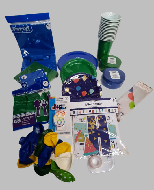 Blue & Green Balloon Party Set for 16 – Disposable Plates, Napkins, Cups & Decorations