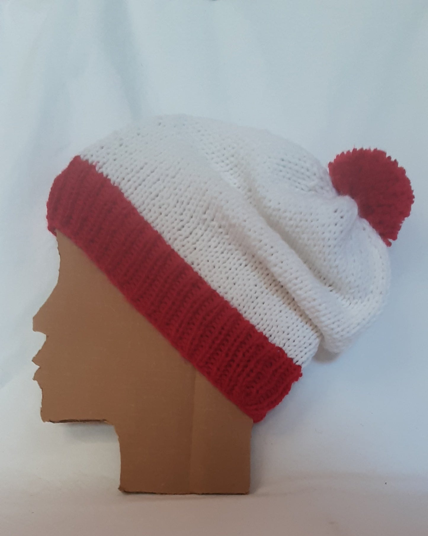 Red and White Holiday Hat, Christmas Knit Hat, Slouchy, Striped Hat with Pom Pom