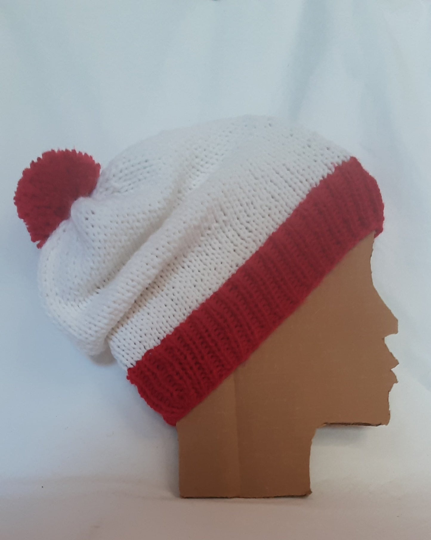 Red and White Holiday Hat, Christmas Knit Hat, Slouchy, Striped Hat with Pom Pom