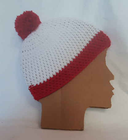 Red and White Crochet Holiday Hat, Christmas, Costume Beanie Hat,  Striped with Pom Pom