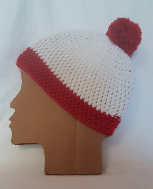 Red and White Holiday, Christmas, Costume Beanie Hat,  Striped with Pom Pom