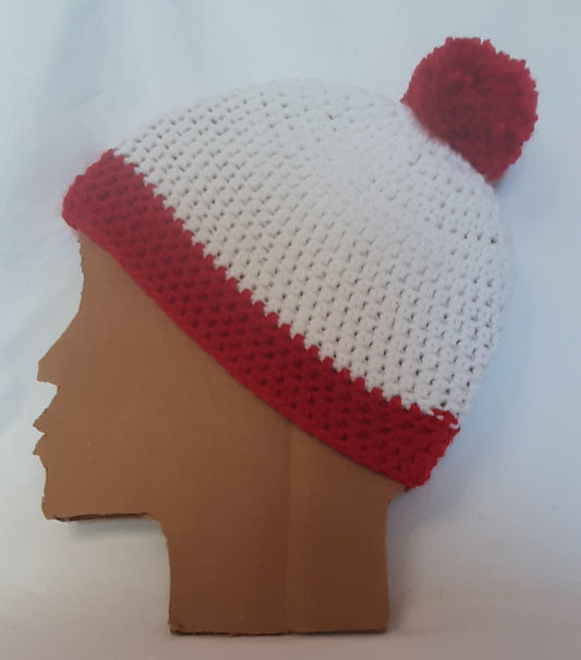 Red and White Crochet Holiday Hat, Christmas, Costume Beanie Hat,  Striped with Pom Pom