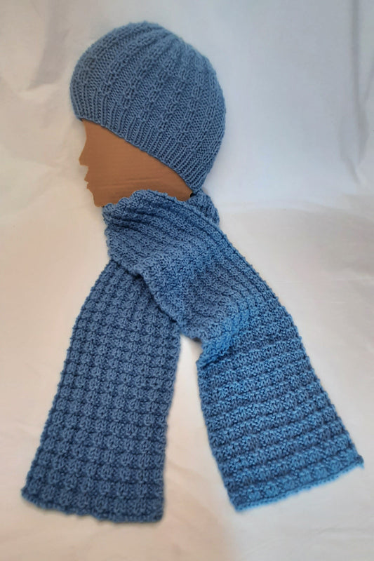 Handmade Knit Scarf and Hat set in Daffodil Blue, Unisex