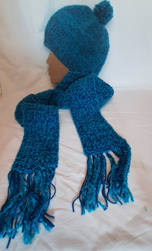 Handmade Knit Scarf and Hat set in Blue, Unisex Scarf and Hat Set