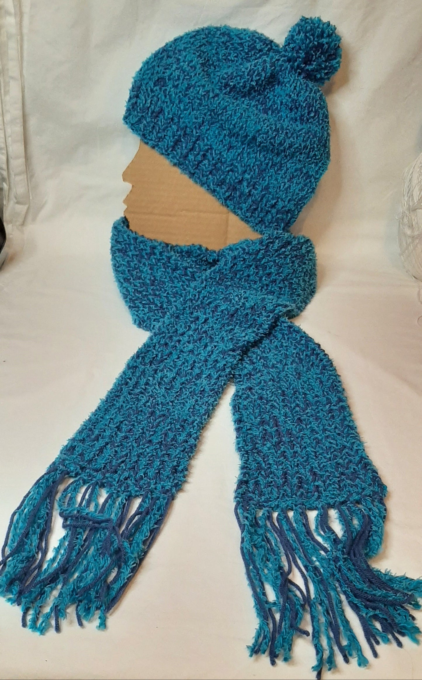 Handmade Knit Scarf and Hat set in Blue, Unisex Scarf and Hat Set