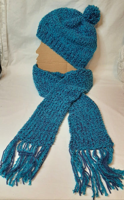 Handmade Knit Scarf and Hat set in Blue, Unisex Scarf and Hat Set