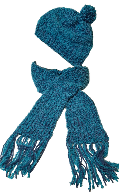 Blue Handmade Knit Scarf and Hat set, Blue Unisex Scarf and Hat Set, Fluffy Scarf and Hat