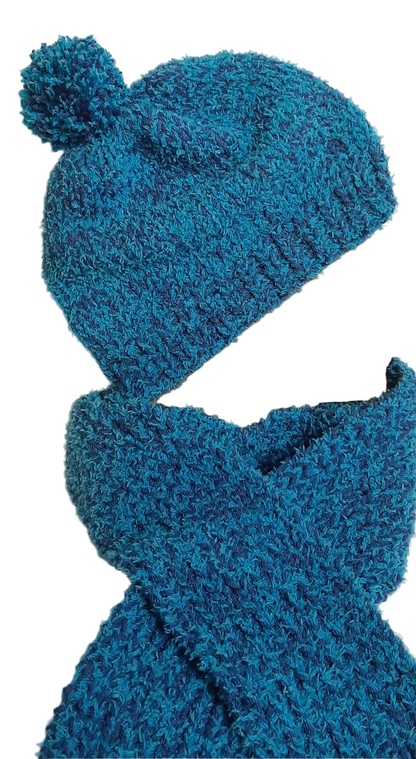 Blue Handmade Knit Scarf and Hat set, Blue Unisex Scarf and Hat Set, Fluffy Scarf and Hat
