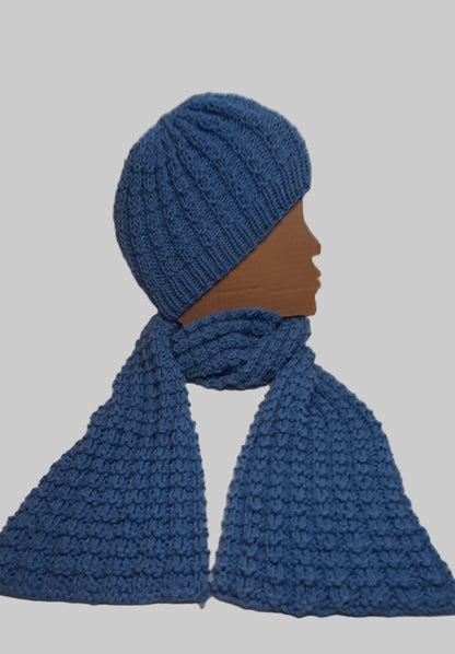 Handmade Knit Scarf and Hat set in Daffodil Blue, Unisex