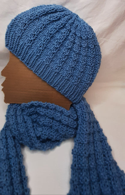 Handmade Knit Scarf and Hat set in Daffodil Blue, Unisex