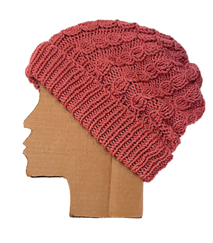 Handmade Knitted Slouchy Hat with Twists Design, Bubblegum Pink