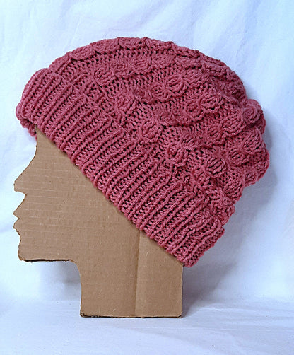 Handmade Knitted Slouchy Hat with Twists Design, Bubblegum Pink