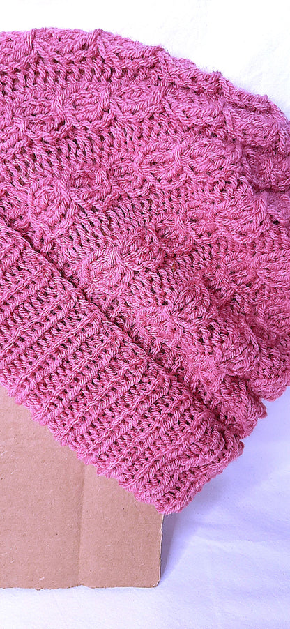 Handmade Knitted Slouchy Hat with Twists Design, Bubblegum Pink