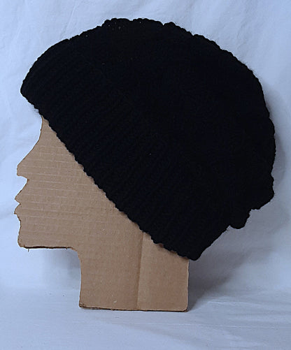 Handmade Knitted Slouchy Hat with Twists Design, Black