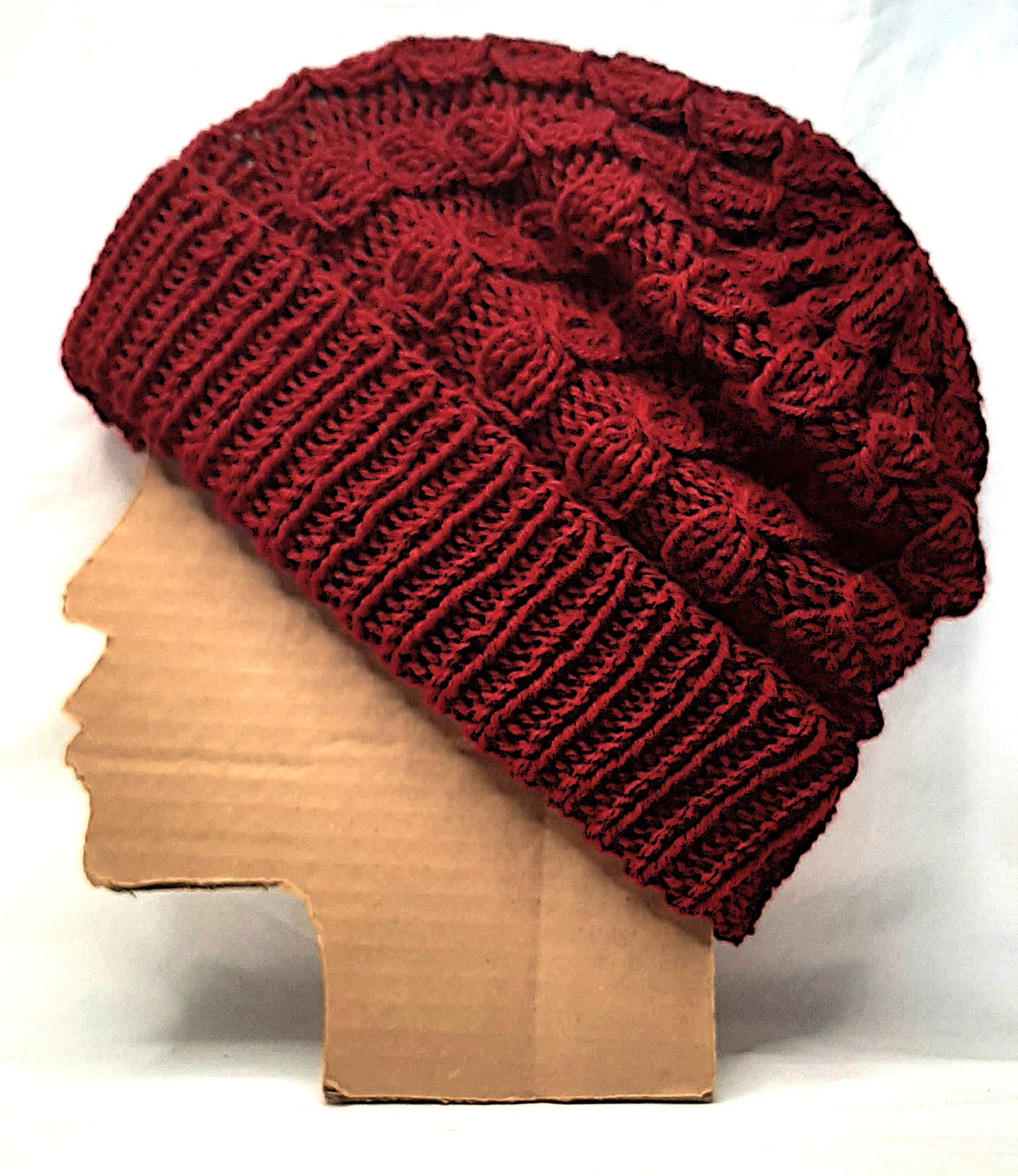Handmade Knitted Slouchy Hat with Twists Design, Burgundy