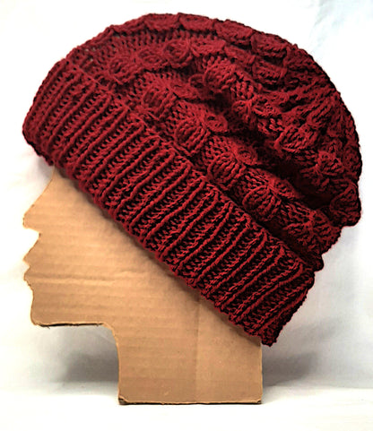 Handmade Knitted Slouchy Hat with Twists Design, Burgundy