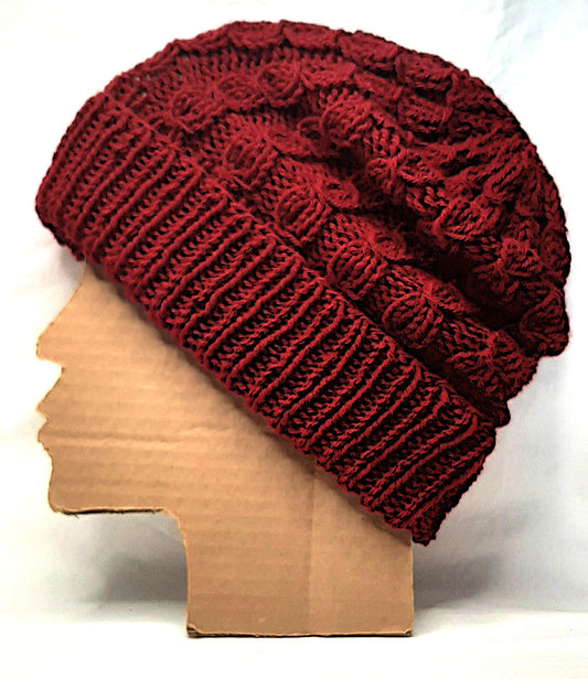 Handmade Knitted Slouchy Hat with Twists Design, Burgundy
