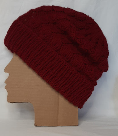 Handmade Knitted Slouchy Hat with Twists Design, Burgundy