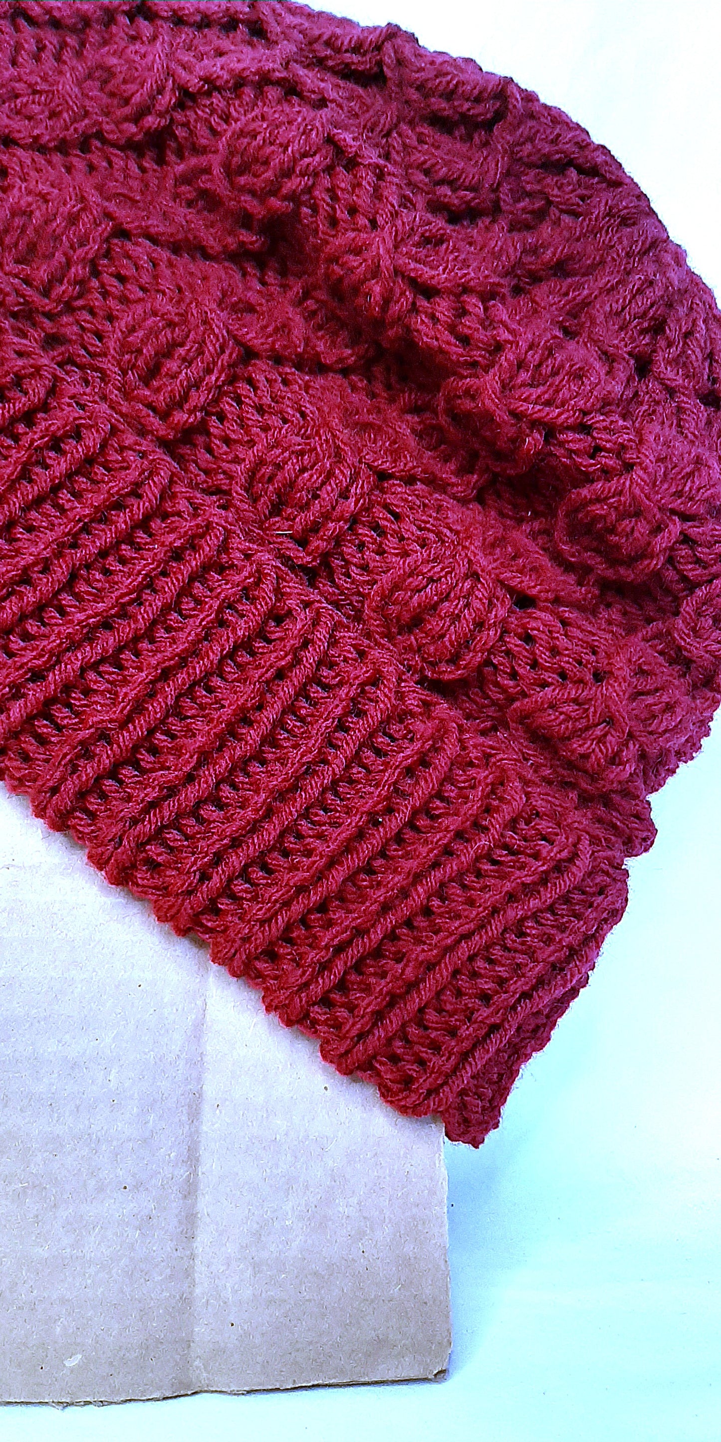 Handmade Knitted Slouchy Hat with Twists Design, Burgundy