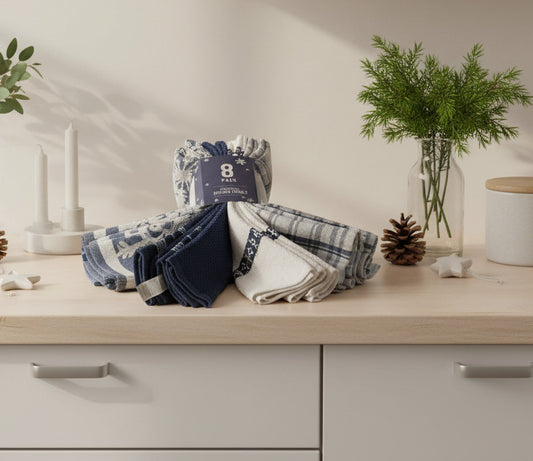 Town and Country Living Blue Snowflakes, Plaid, Solid Kitchen Towel Set of 8, Large 18x28 Size