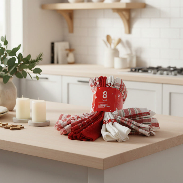 Holiday Kitchen Towel Set – Red & White (8-Piece Premium Collection)