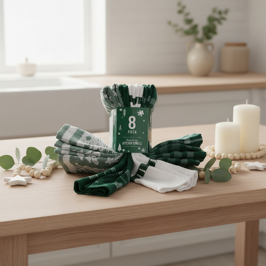 Town and Country Living Green Pine Trees, Plaid, Solid Kitchen Towel Set of 8, Large 18x28 Size