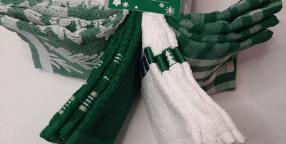Town and Country Living Green Pine Trees, Plaid, Solid Kitchen Towel Set of 8, Large 18x28 Size