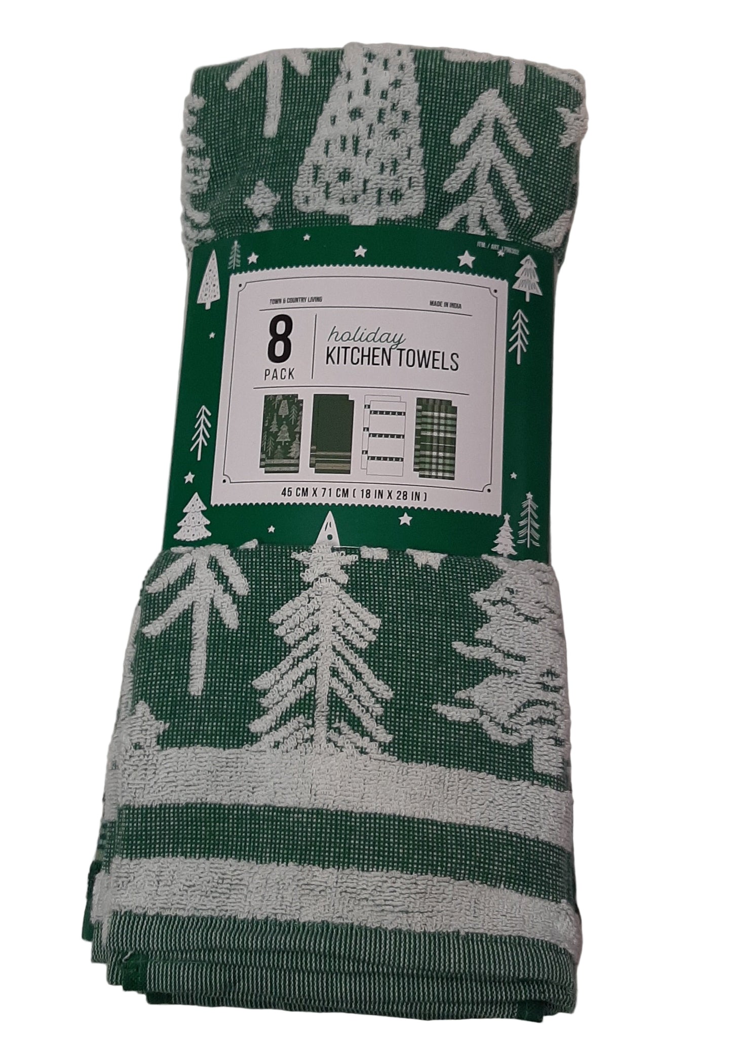 Town and Country Living Green Pine Trees, Plaid, Solid Kitchen Towel Set of 8, Large 18x28 Size