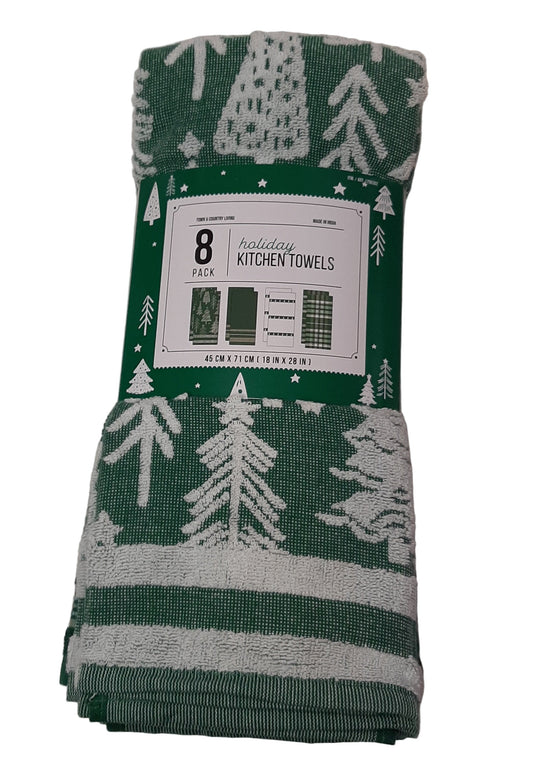 Town and Country Living Green Pine Trees, Plaid, Solid Kitchen Towel Set of 8, Large 18x28 Size