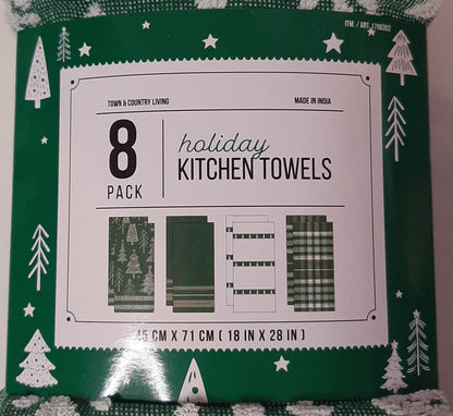Town and Country Living Green Pine Trees, Plaid, Solid Kitchen Towel Set of 8, Large 18x28 Size