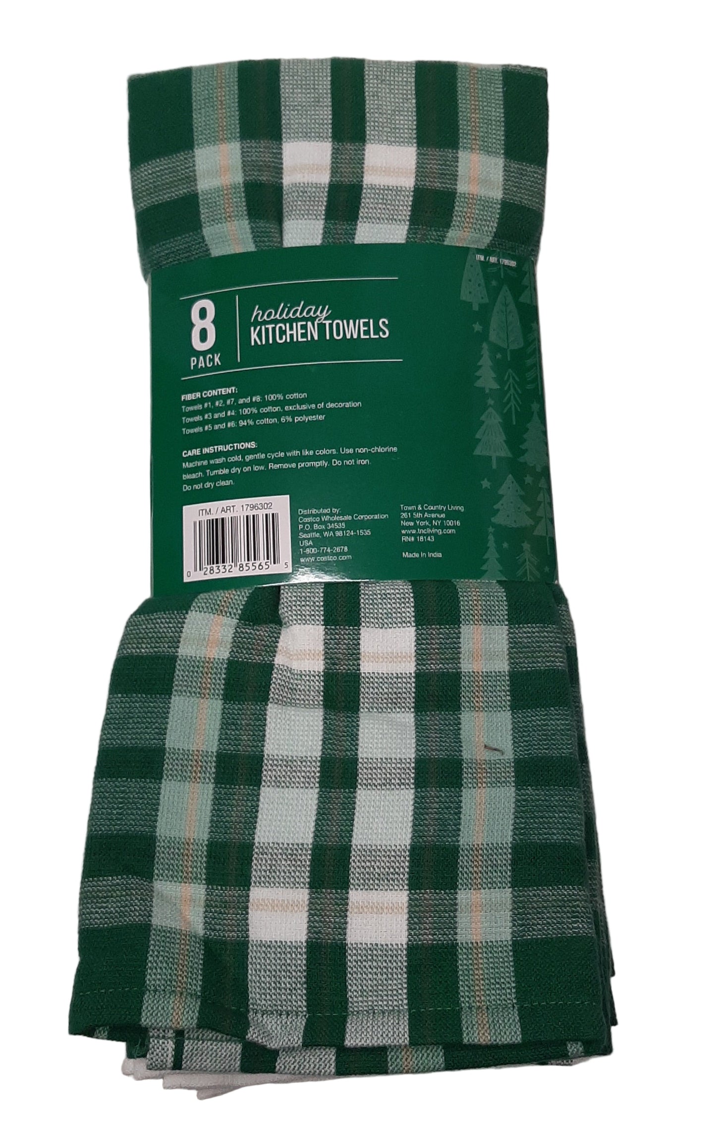Town and Country Living Green Pine Trees, Plaid, Solid Kitchen Towel Set of 8, Large 18x28 Size