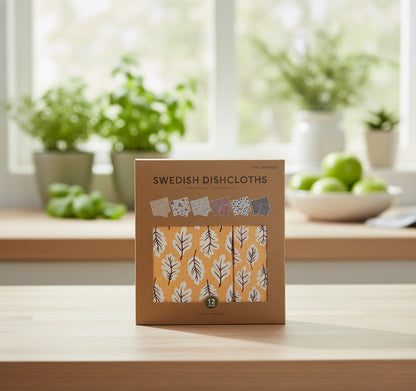 Swedish Dishcloths, Cellulose Cotton Reusable, Washable Dish Cloths, Leaves Print Designs