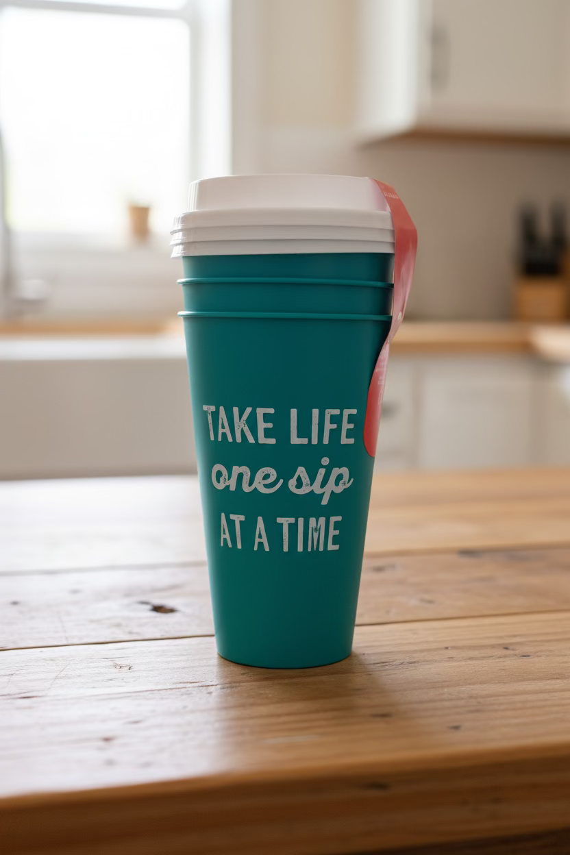 A teal plastic travel tumbler set of 3 with white lids featuring the printed text 'TAKE LIFE one sip AT A TIME' on a wood table.