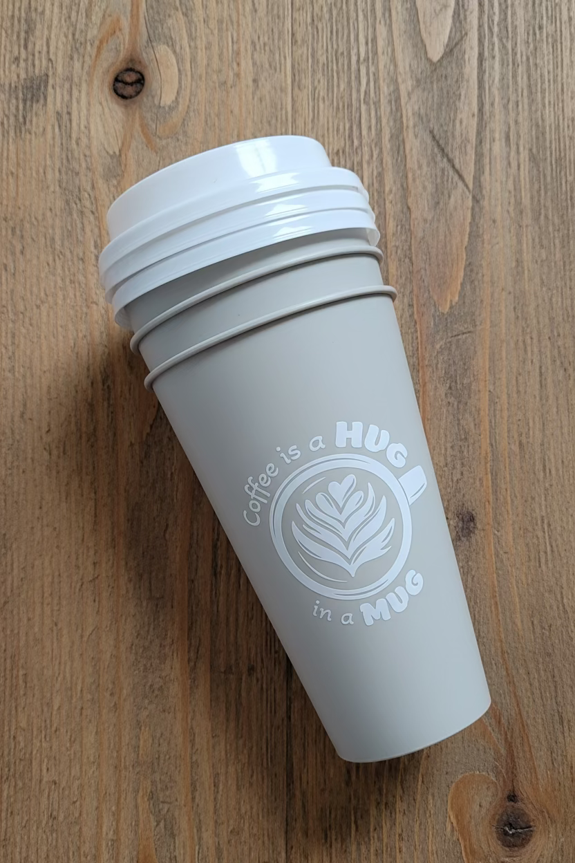 A light gray reusable coffee cup set of 3 with white lids, featuring a white graphic that reads 'coffee is a HUG in a MUG' with a leaf design.