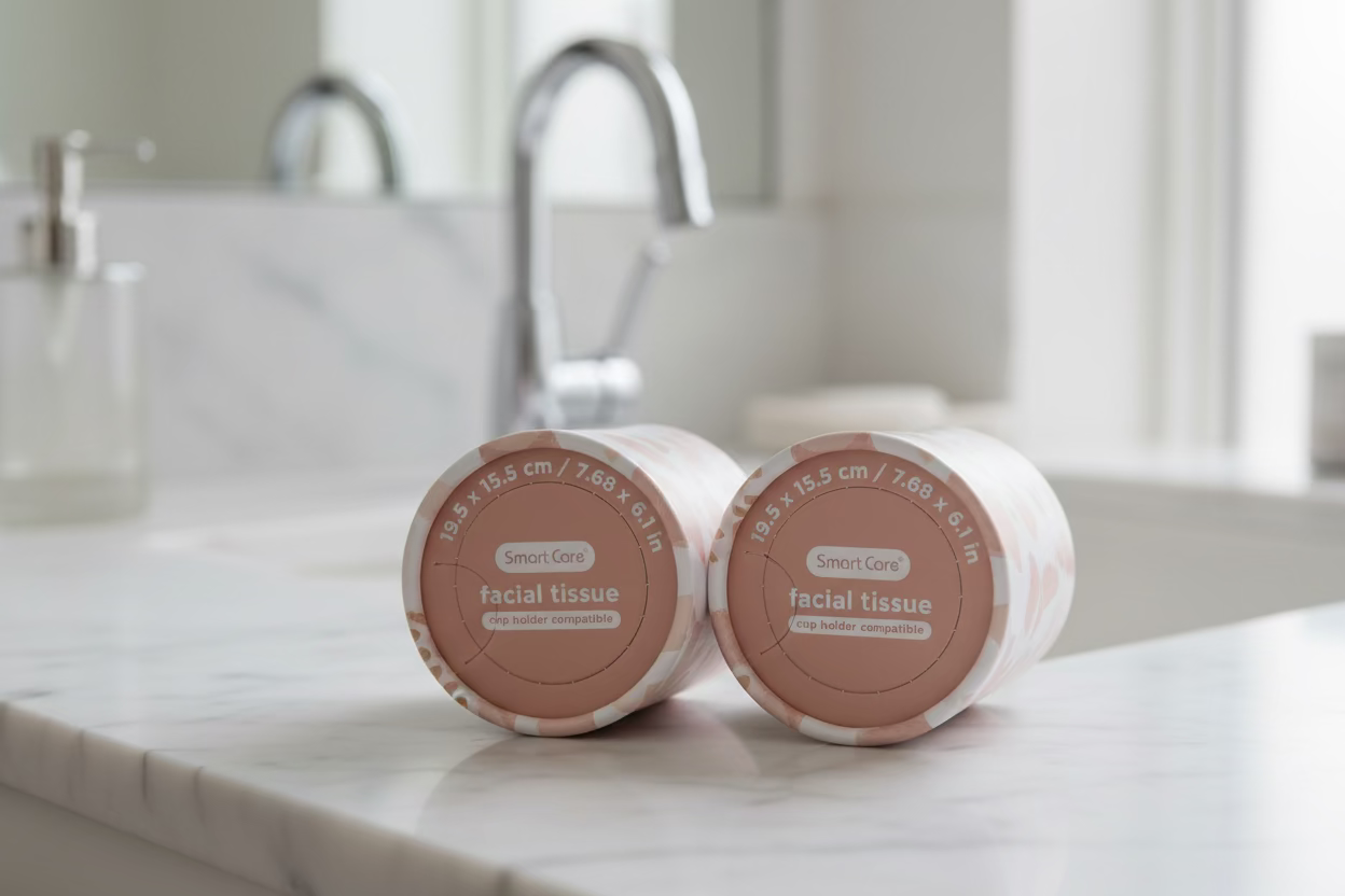 Two small round facial tissue containers with pink lids and white rims, placed on a bathroom sink.