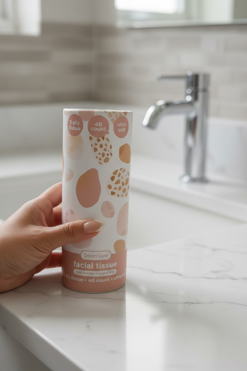 A hand holding a roll of facial tissues with a pink and white patterned wrapper, set against a white bathroom sink with a silver faucet background.