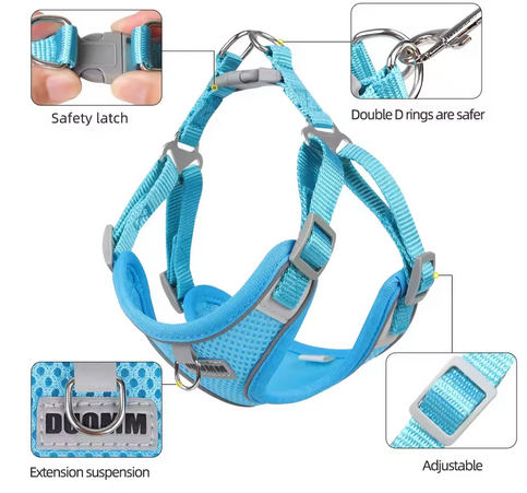 BLUE Step in Dog Harness and Leash Set, LARGE SIZE, Cloth Backing, Mesh Front Harness with Reflective Trim